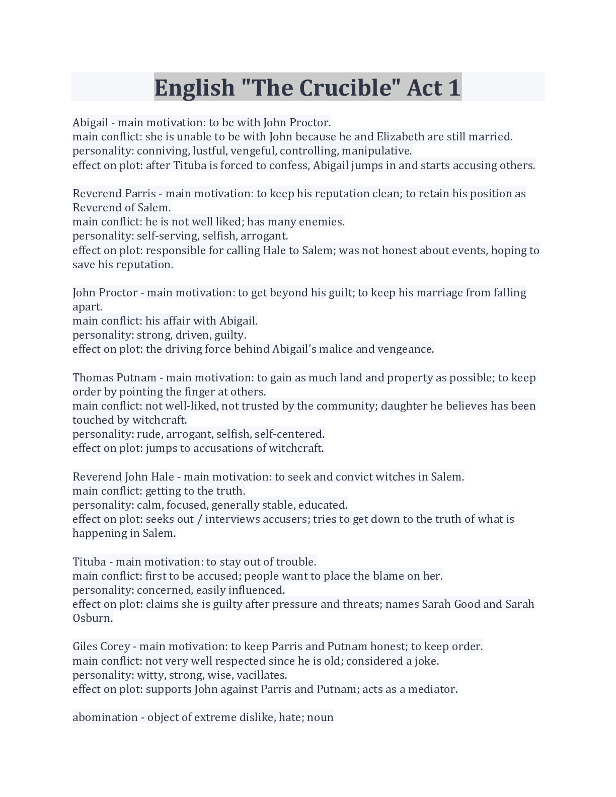 Preview image for English "The Crucible" Act 1 100% Correct